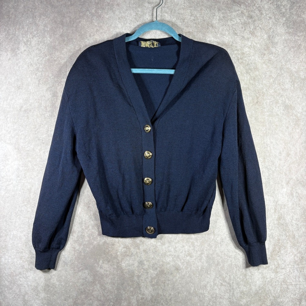 VTG St. John Basics Cardigan Sweater Women M Navy Blue Knit Button Front Cropped
